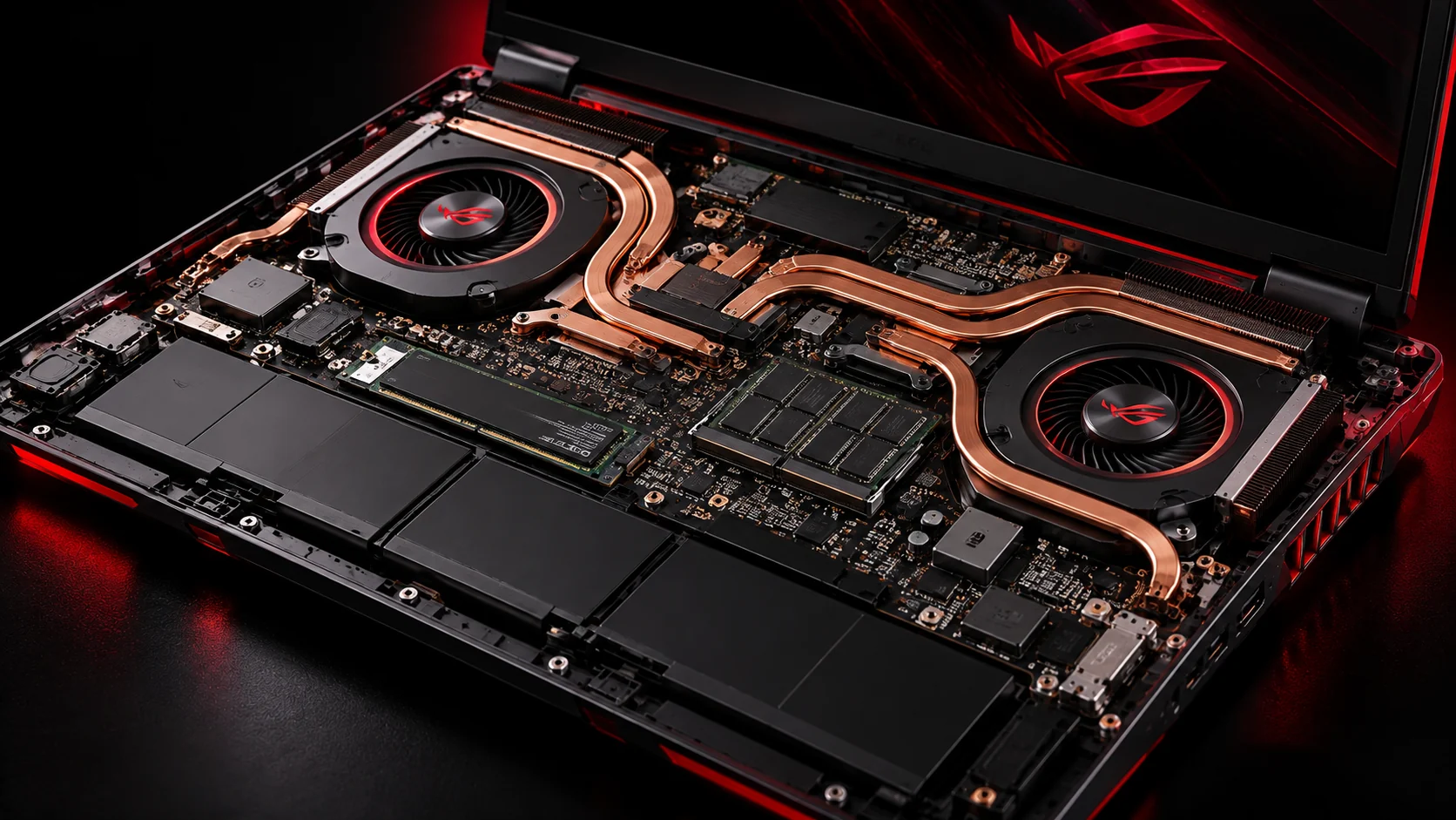 Gaming laptop anakart, çift fan ve bakır soğutma boruları